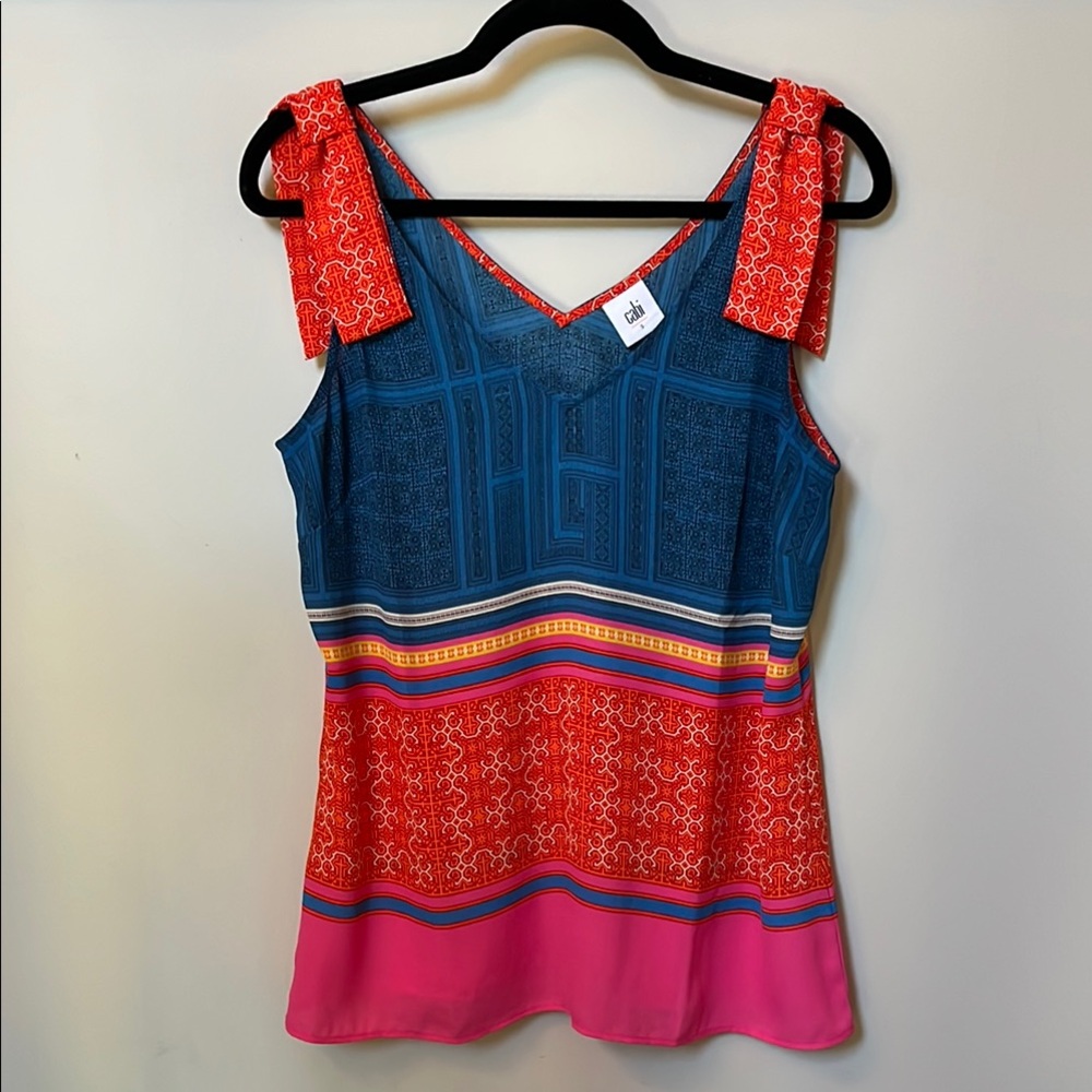 CAbi Blue and Orange Sleeveless Tie Front Tank Top